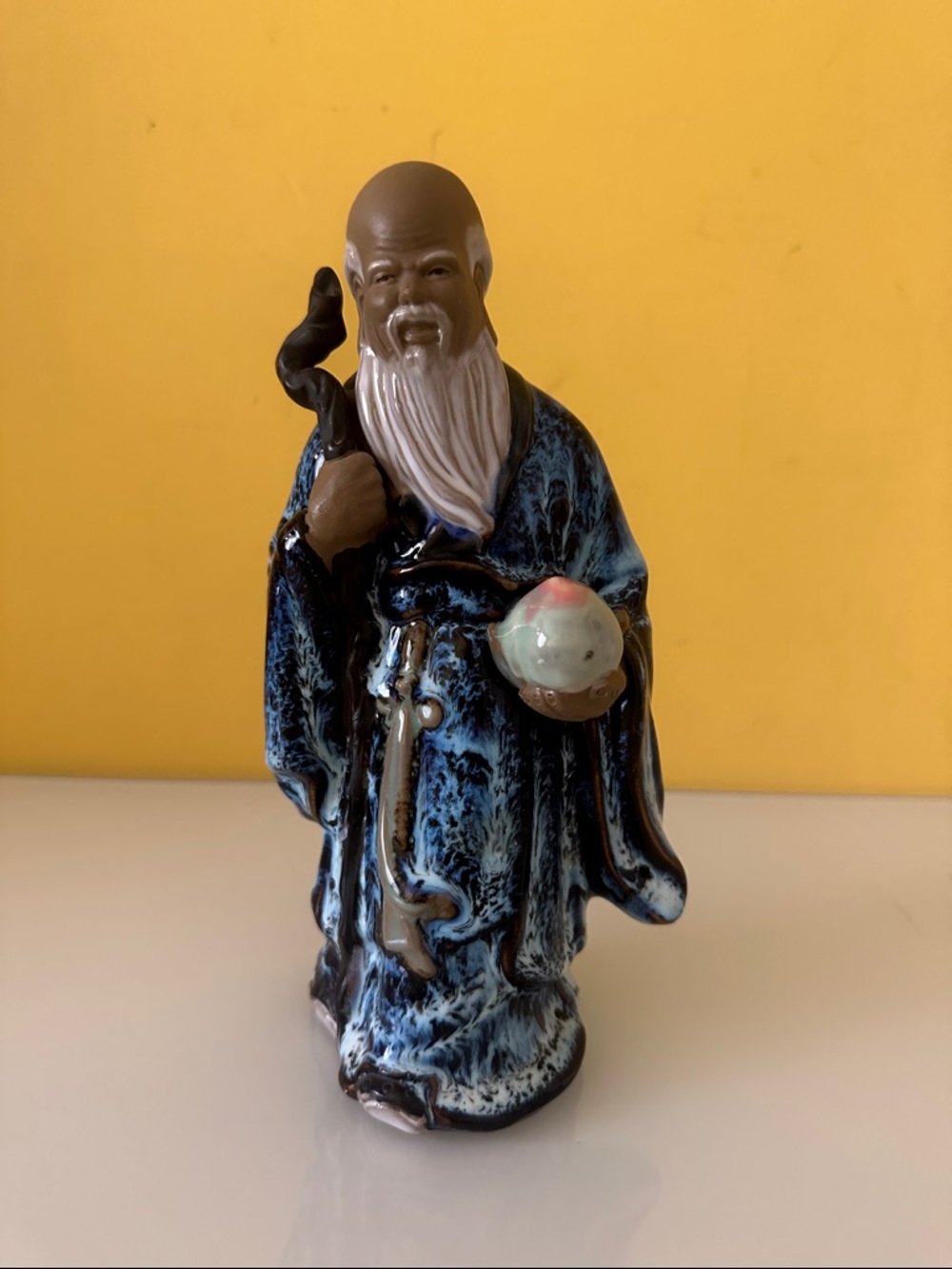 Vintage Chinese Shiwan Mudman figurine. Shou Lao, the God of Longevity. Blue